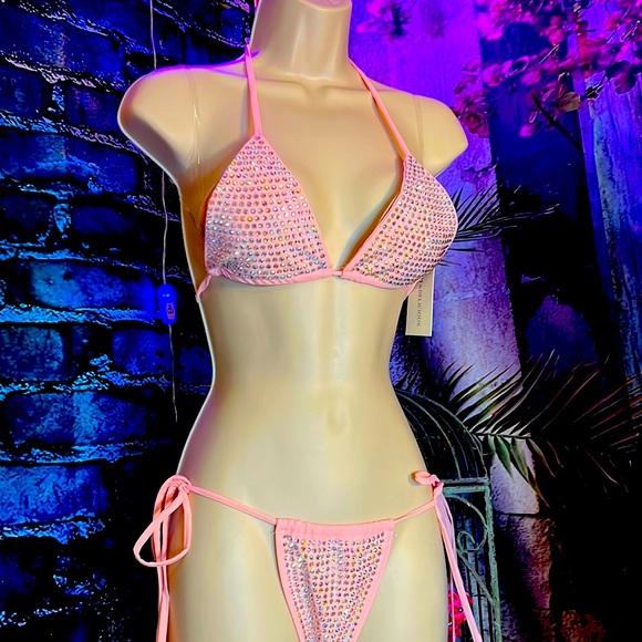 2piece Pink Rave Rhinestone Bikini - Picture 2 of 7